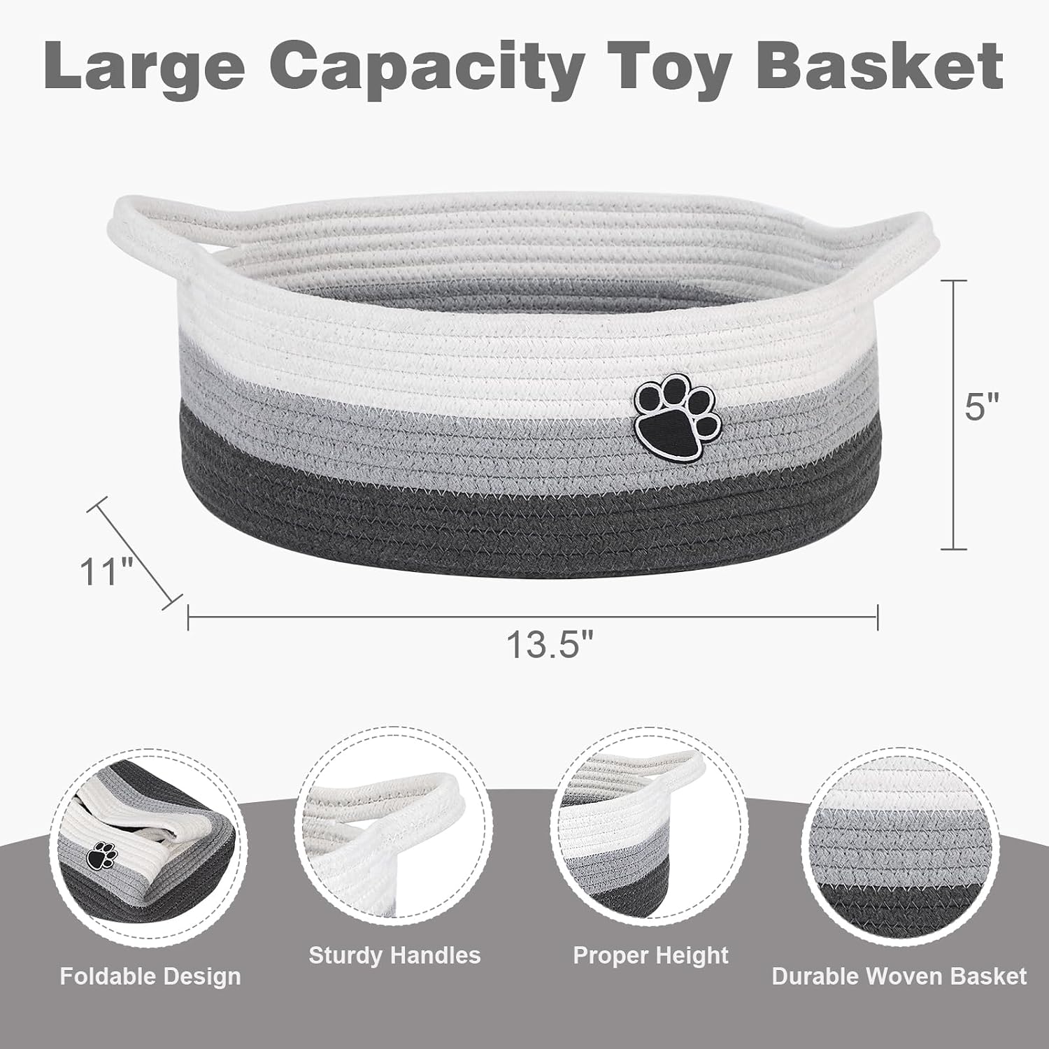 Detalle de Optish Woven Dog Toy Basket, 13.5" x 11" x 5", White and Gray