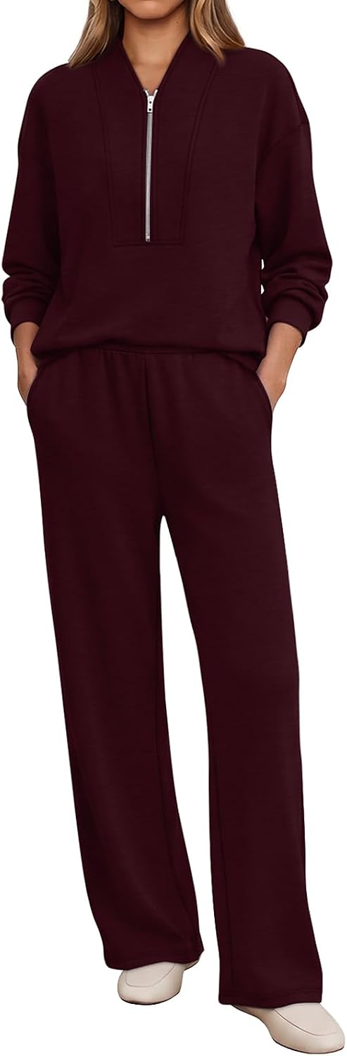 Detalle 2 de WIHOLL Women's Two-Piece Tracksuit Set with Half-Zip Top and Wide-Leg Pants