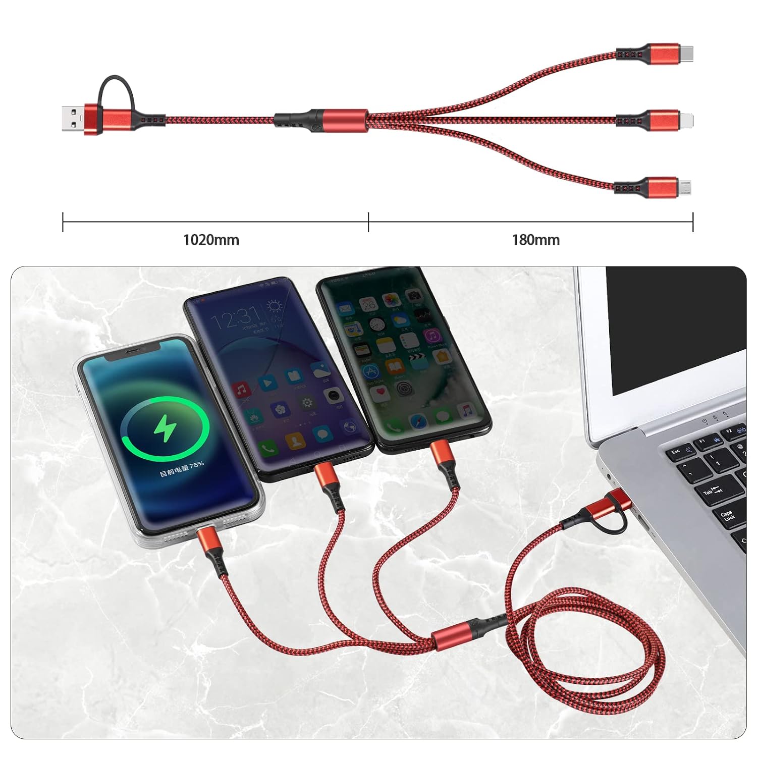 Thumbnail 6 de Unillous Multi USB Kabel 5 in 1 – 2 Stück je 1,2 m, Nylon geflochtenes Kabelset für USB A/USB C/Micro USB