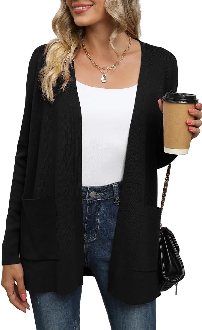 Detalle de Yommay Damen-Strickjacke mit Taschen – offene V-Form, leicht & locker