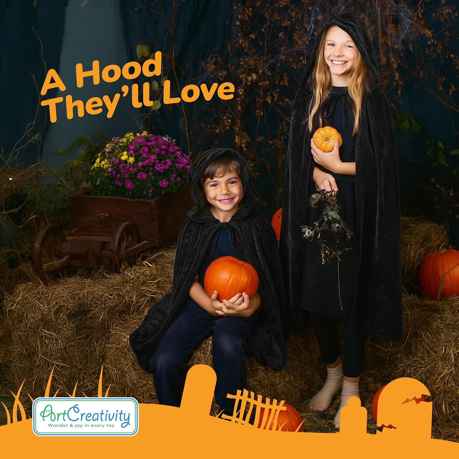 Detalle de ArtCreativity Velvet Hooded Cloak for Kids, 4 ft, String Closure