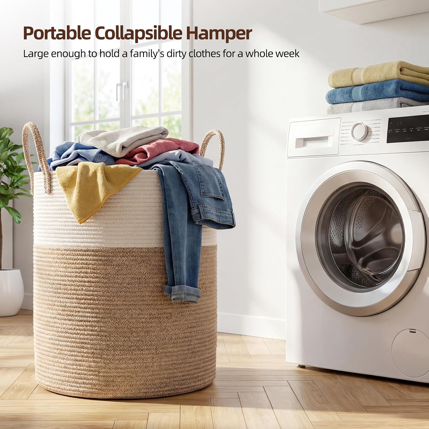 Thumbnail 2 de OIAHOMY 60L Cotton Rope Laundry Hamper, Brown and White, Collapsible