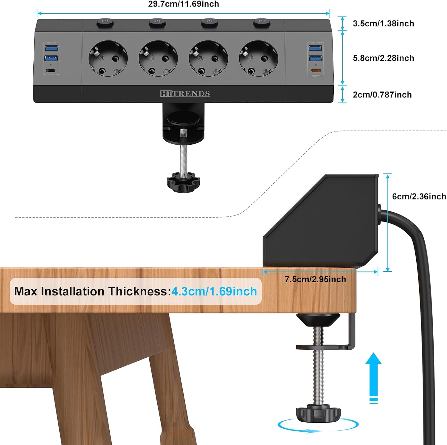 Detalle 1 de HITRENDS 4 Prises de Table-Noir tafelstopcontact met 4 stopcontacten en 6 USB-poorten