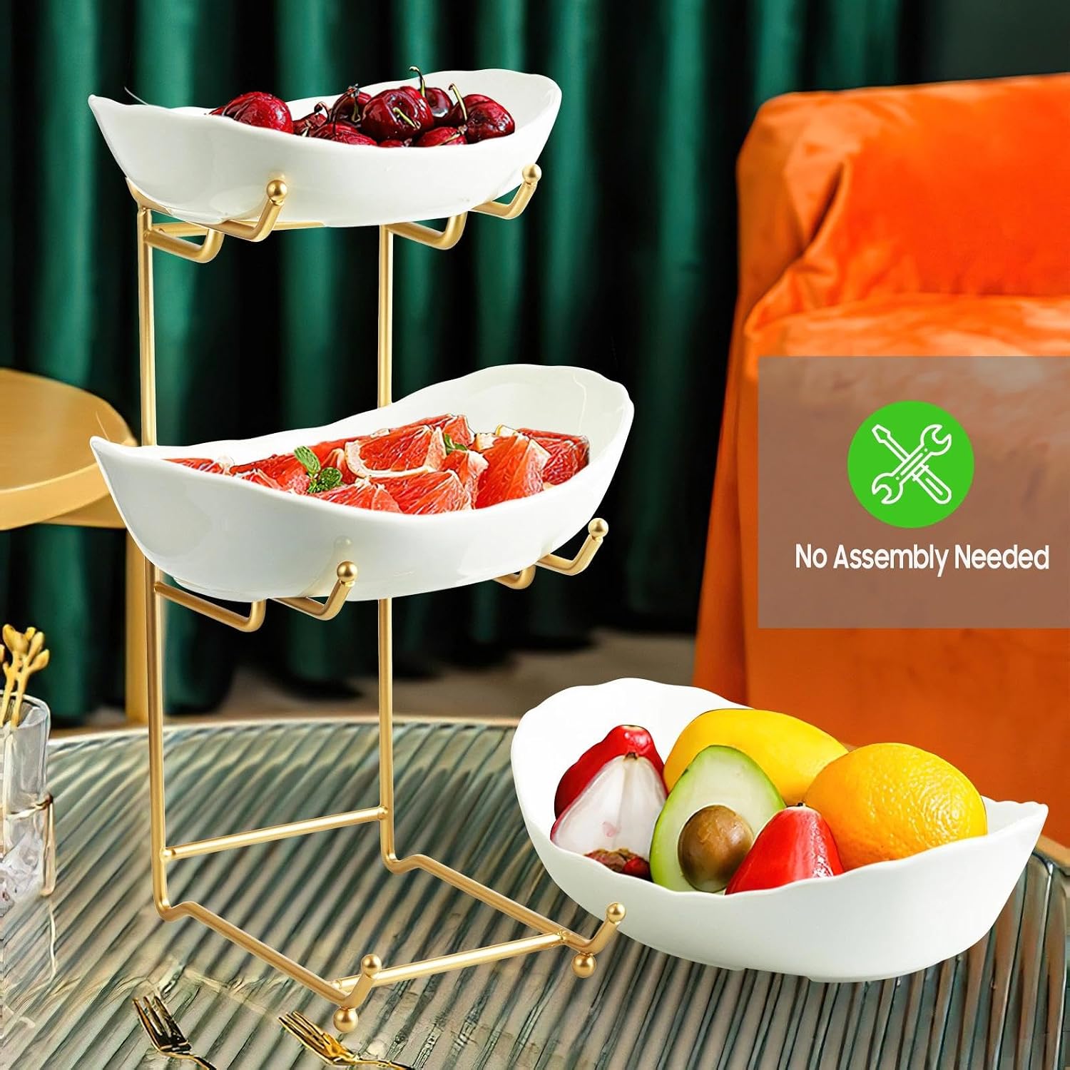Detalle 2 de HOMKULA 3-Tier Ceramic Fruit Bowl with Gold Metal Stand (Small)