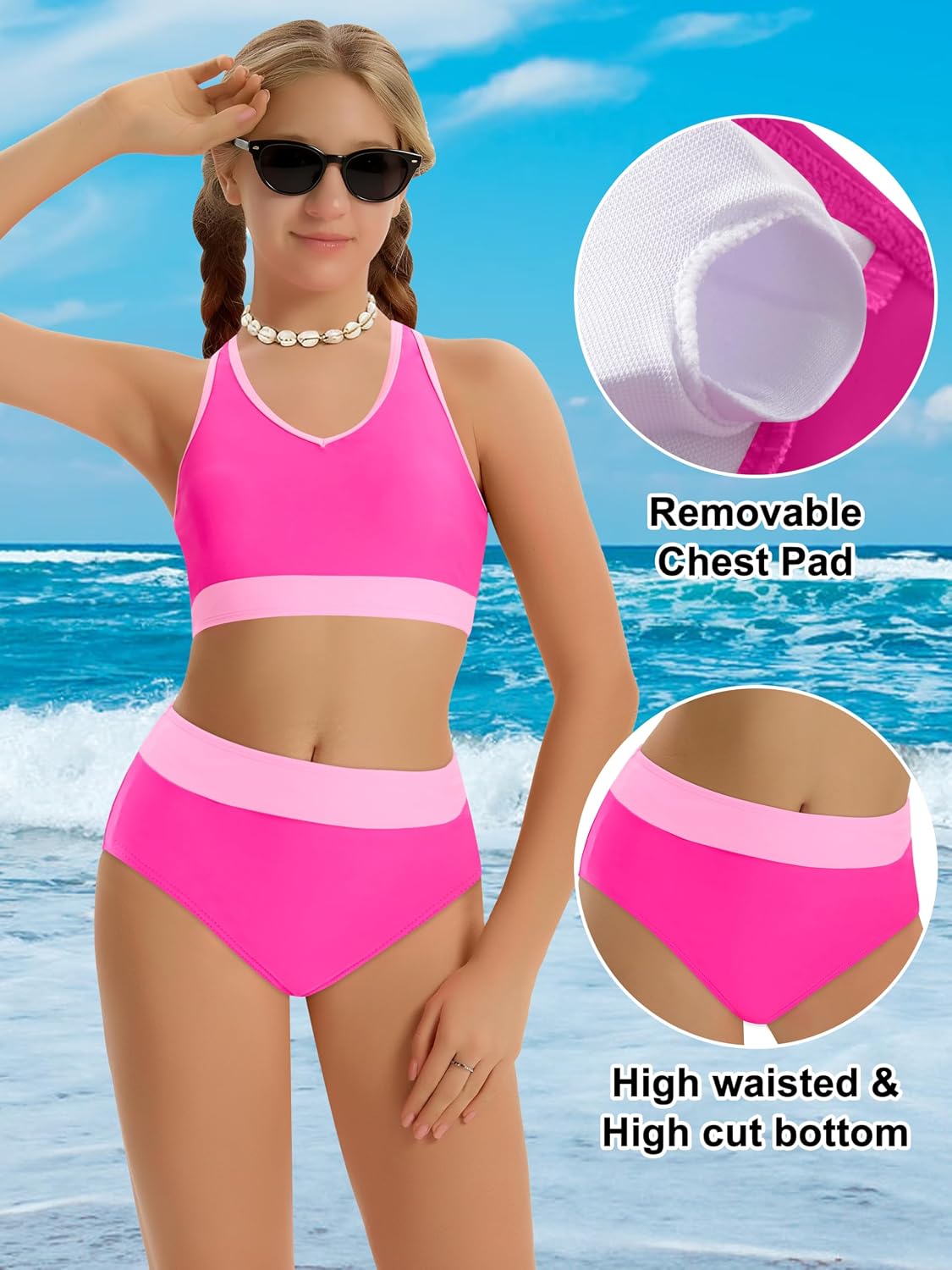 Detalle de Girls Color-Block High Waist Sporty Two-Piece Swimsuit Set (7–16T)