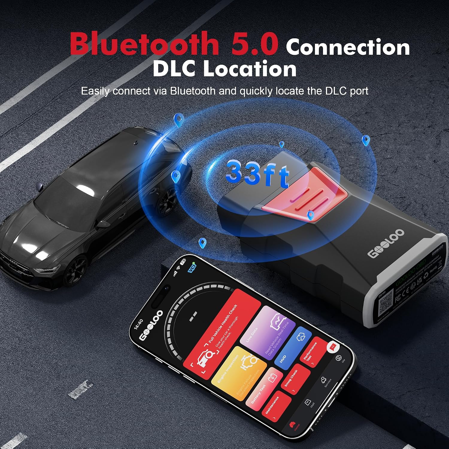 Detalle 2 de GOOLOO DEEPSCAN DS100 OBD2 Bluetooth scanner for full-system diagnostics with AutoVIN, resets and HUD display