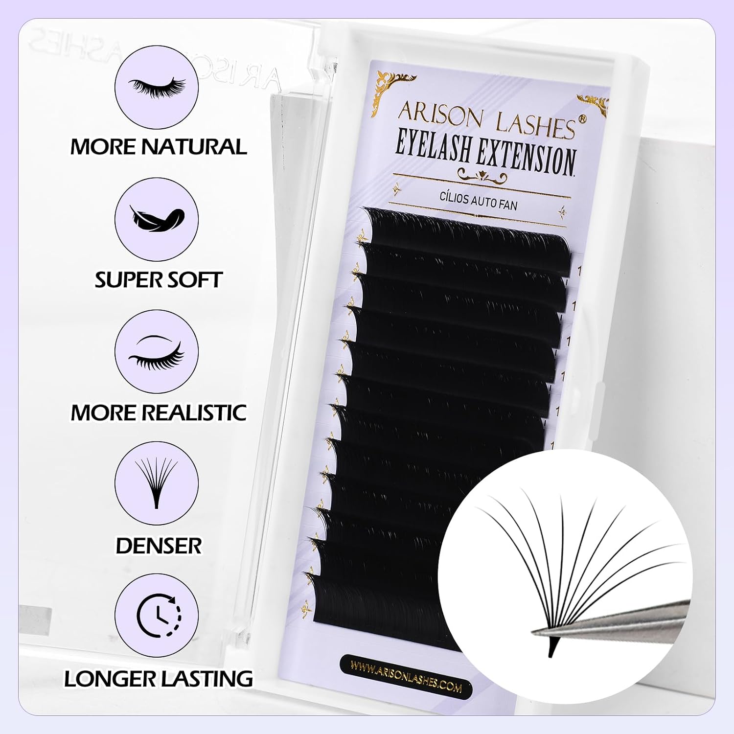 Detalle de Arison Lashes Easy Fan Lashes Wimpernverlängerung – 0,05 mm CC Curl, 8–15 mm gemischte Längen, matte Kunstfaser