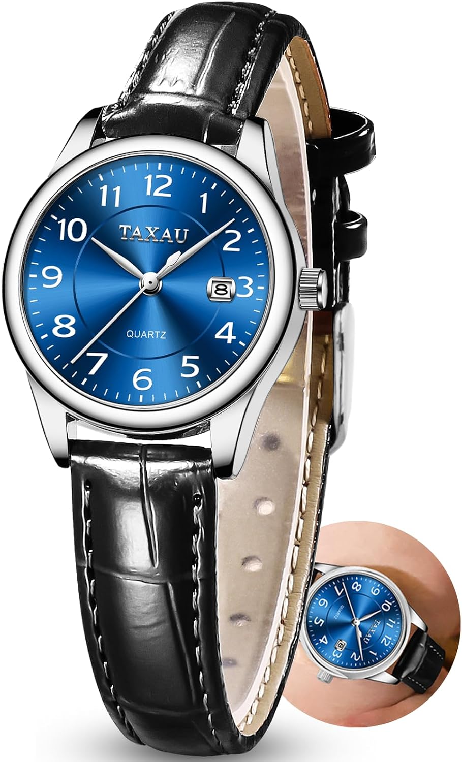 Detalle de Taxau Damenuhr mit Lederarmband, analoges Quarzwerk & Datumsanzeige (28 mm, 3 Bar)