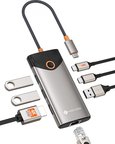 Detalle de NOVOO USB C Hub 7-en-1: estación de acoplamiento con HDMI 4K@60Hz, Ethernet y carga PD para MacBook, iPad y más