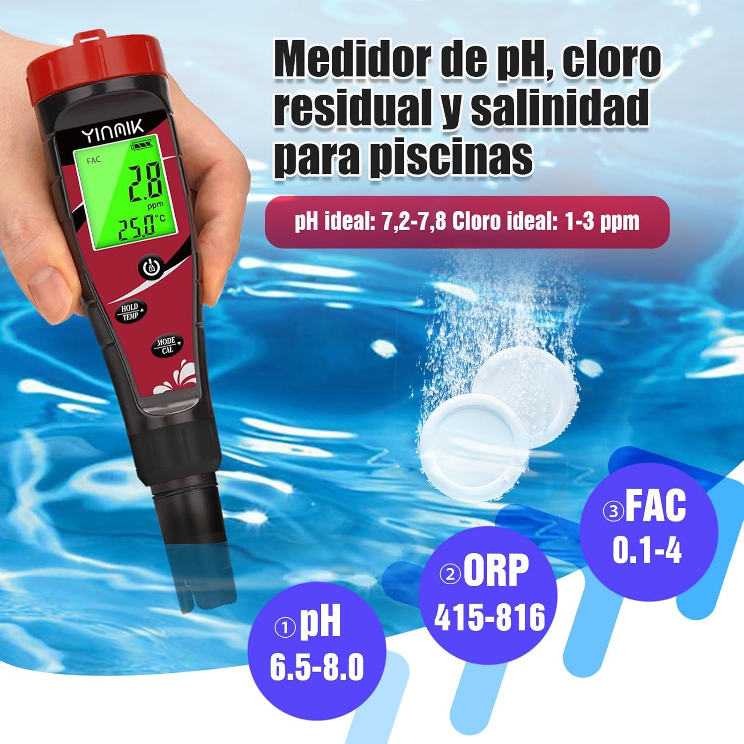 Detalle 2 de YINMIK Medidor 7 en 1 pH y cloro 0,1 ppm