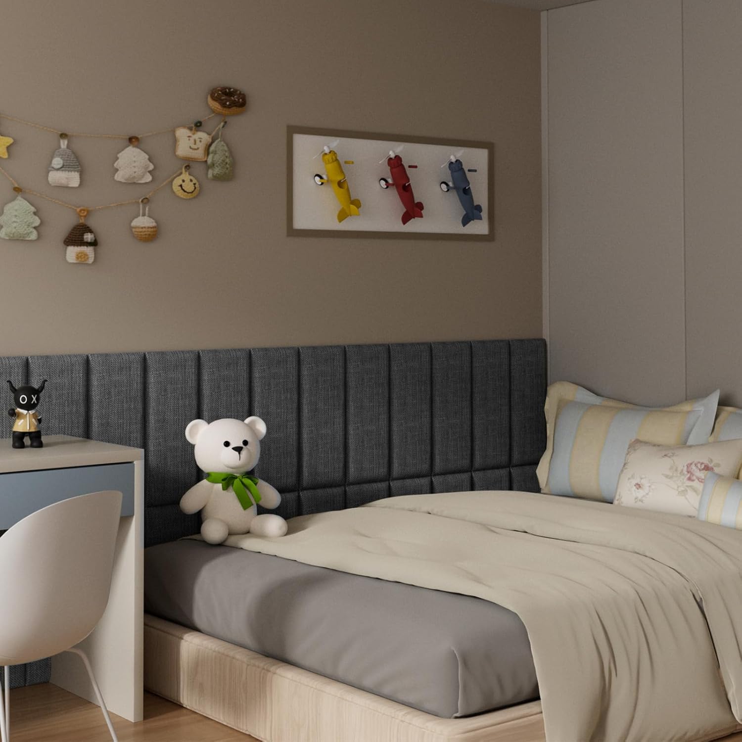 Detalle 2 de Greymond CTBB22 Upholstered Wall-Mounted Headboard, Dark Grey, Terry Cloth, 9-Pack