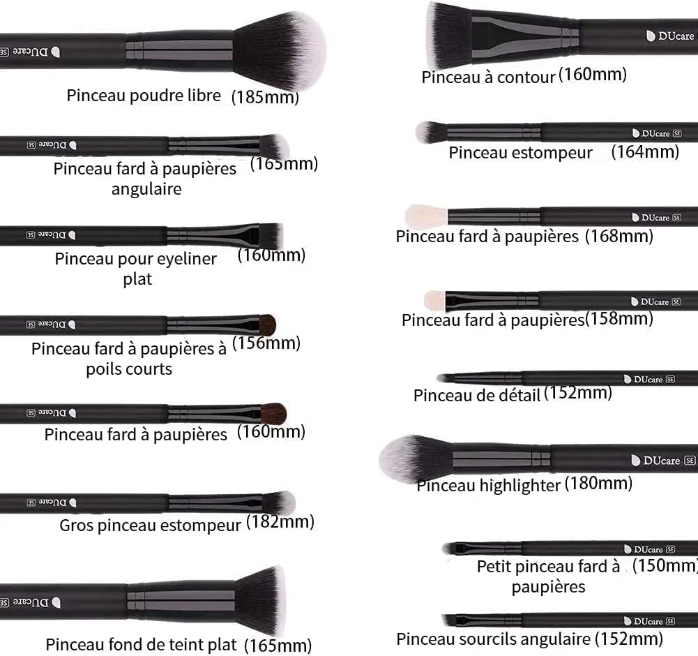 Detalle de DUcare Pinceaux Maquillage Professionnel – kit 15 pièces synthétiques et chèvre, étui inclus
