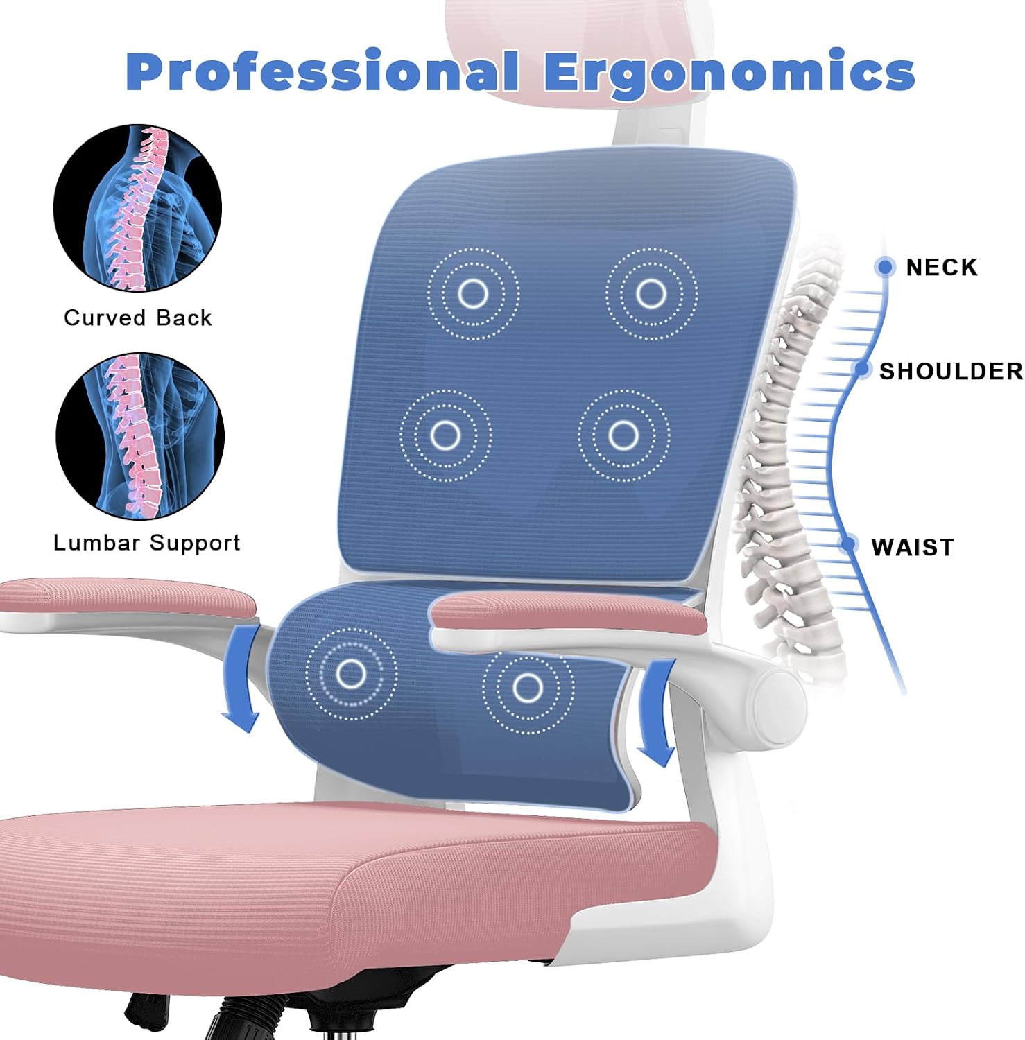Detalle 2 de naspaluro C020106 High-Back Office Chair, Pink, Adjustable Headrest and Lumbar Support