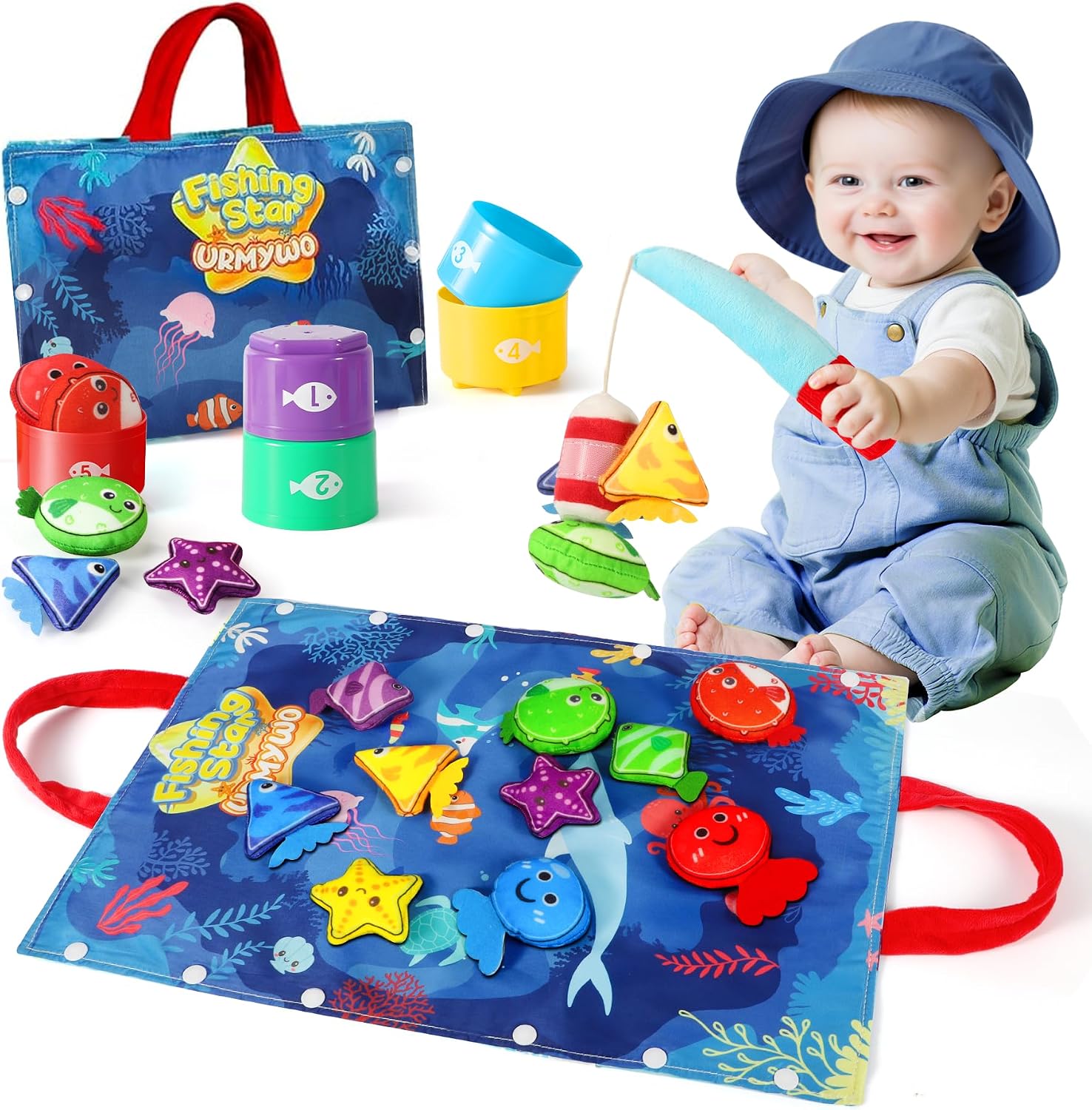 Detalle de 17-Piece Montessori Fishing Game for 1-Year-Olds (Cloth Fishing Pole, Stacking Cups, Shape & Color Matching)