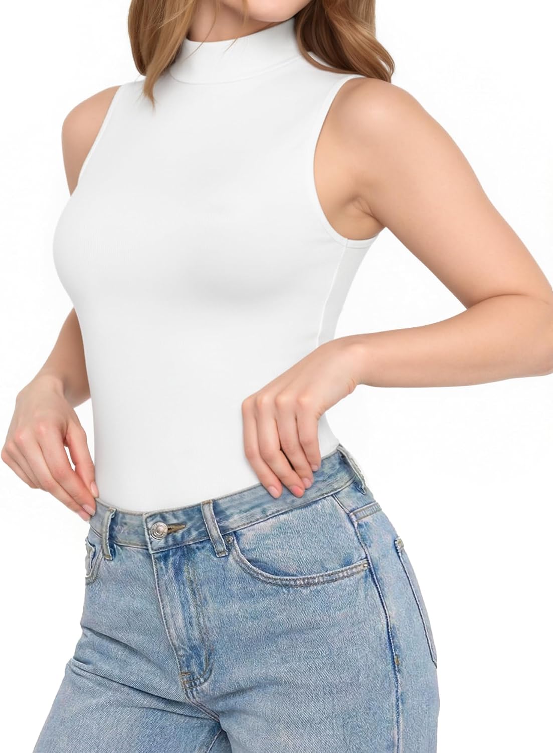 Detalle de ALGALAROUND Women Ribbed Turtle Neck Sleeveless Bodysuit with Snap Closure