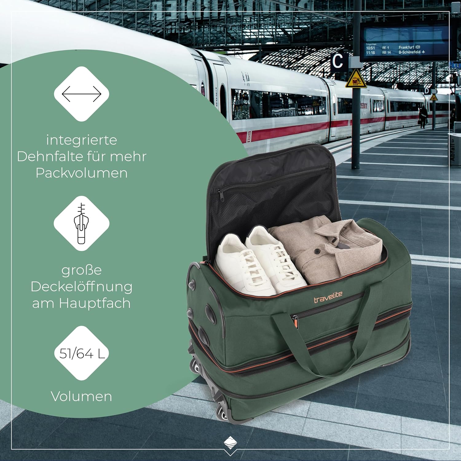 Detalle 2 de travelite Travelite Trolley Reisetasche mit Rollen „Basics“ mittelgroß, erweiterbar (55 cm) – 51–64 Liter