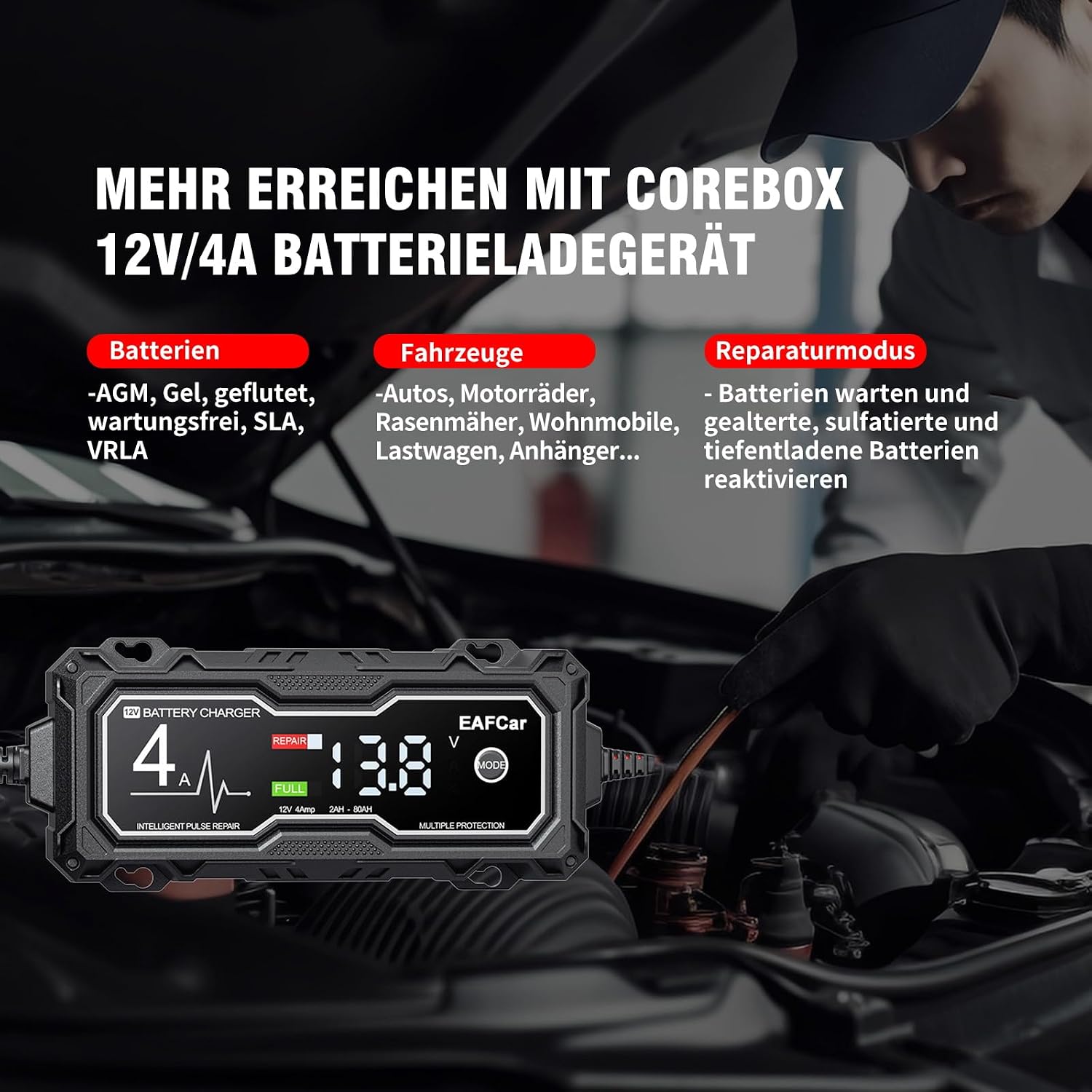 Detalle 2 de EAFCar Batterieladegerät 12V 4A LCD