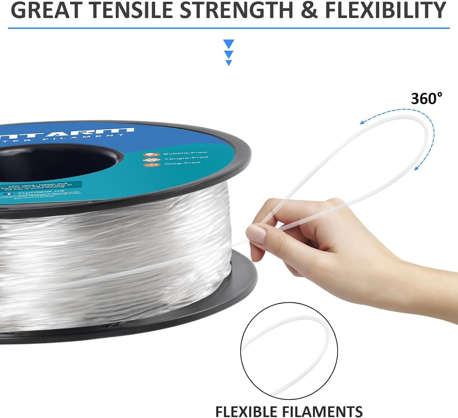 Detalle 2 de GIANTARM 95A TPU Flexible Filament 1.75mm, 1kg, Transparente 🧪