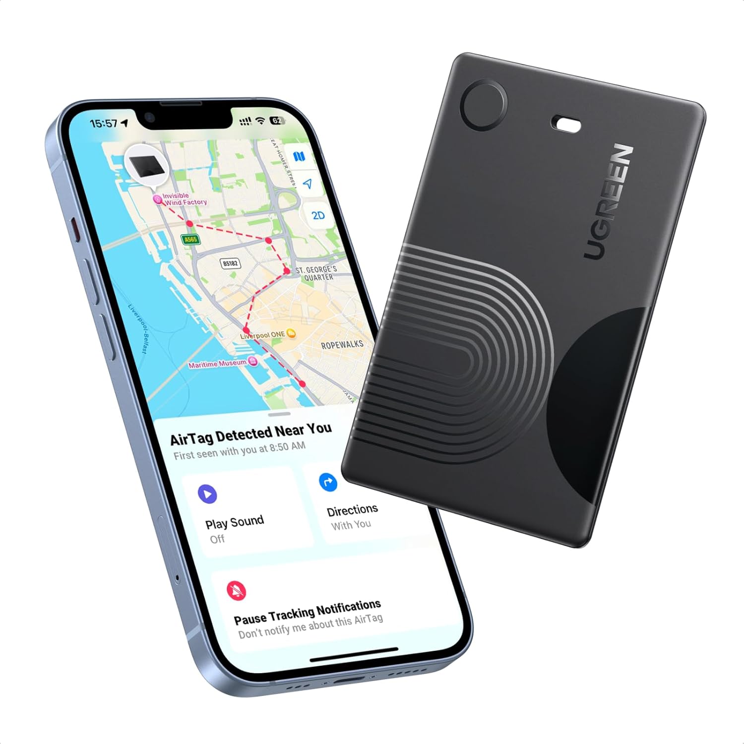 Detalle de UGREEN FineTrack Slim Wallet Tracker: Apple Find My‑certified, ultra‑long battery, IP68 waterproof