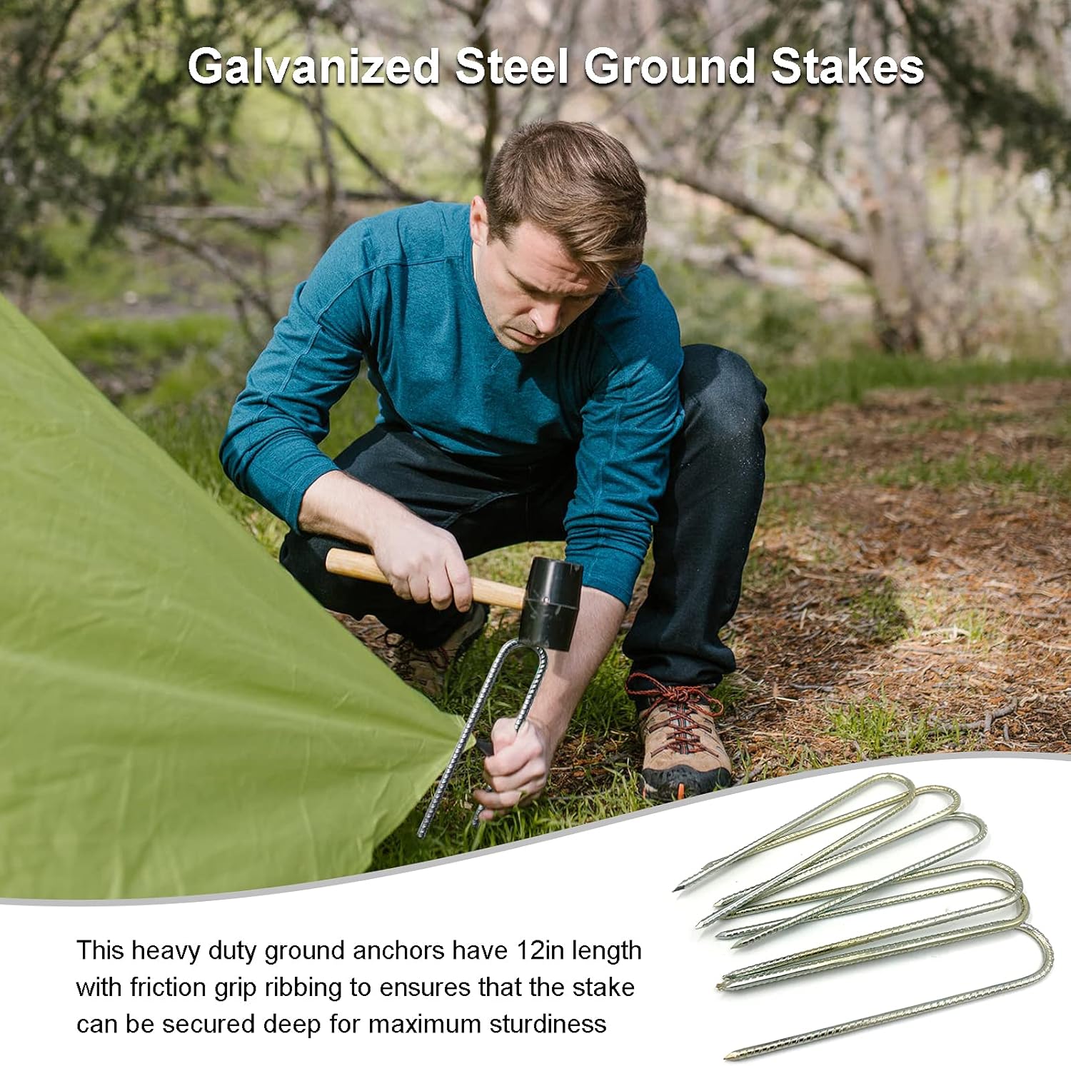 Detalle de Tent Pegs Metal Heavy Duty 30cm Rebar Stakes Ground Anchor Kit (6 Pack) for Trampolines, Swings & Football Goals