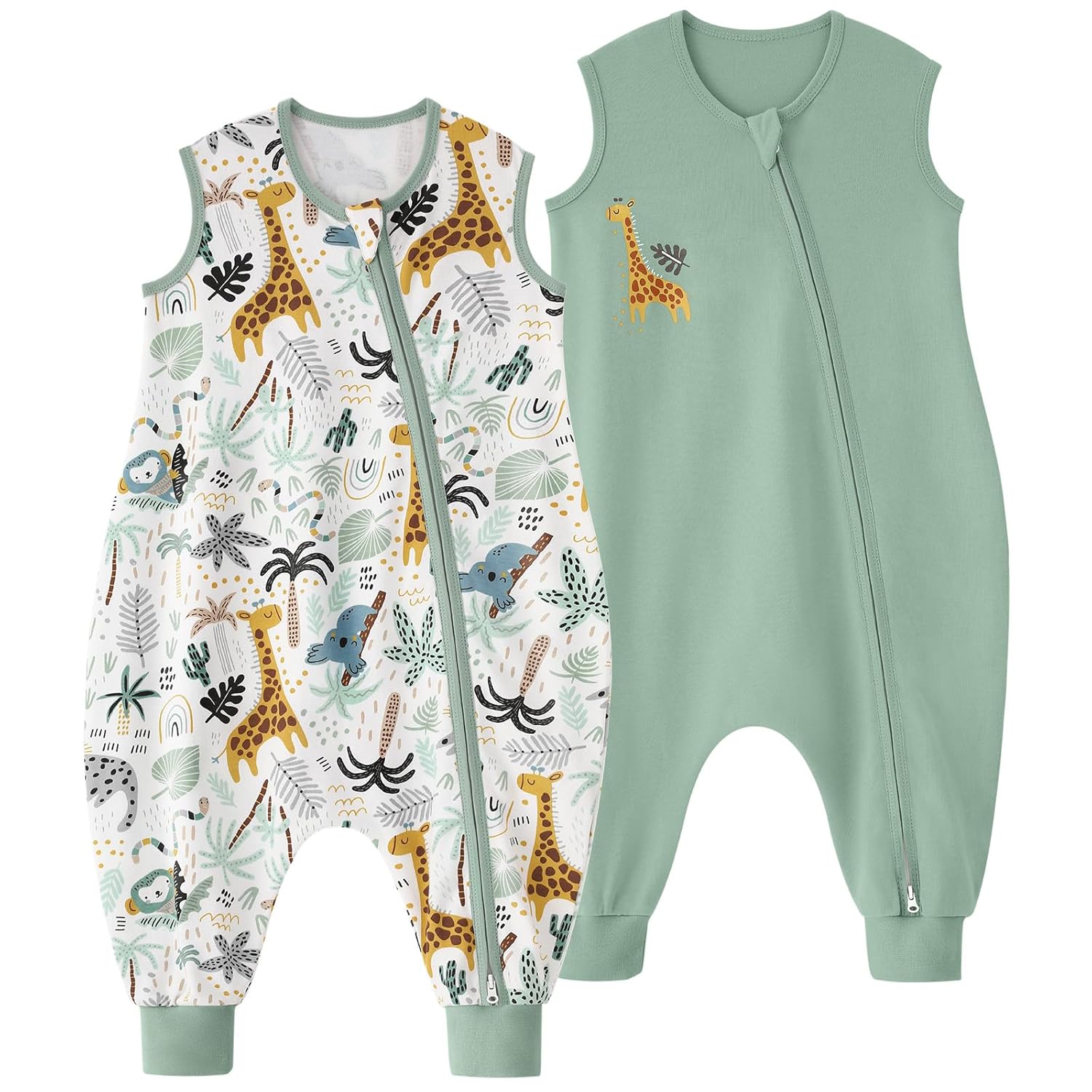 Detalle de Yoofoss 2er Pack Baby Schlafsack mit Füßen 0.5 Tog – 100% Baumwolle, 80 cm, Grün Giraffe