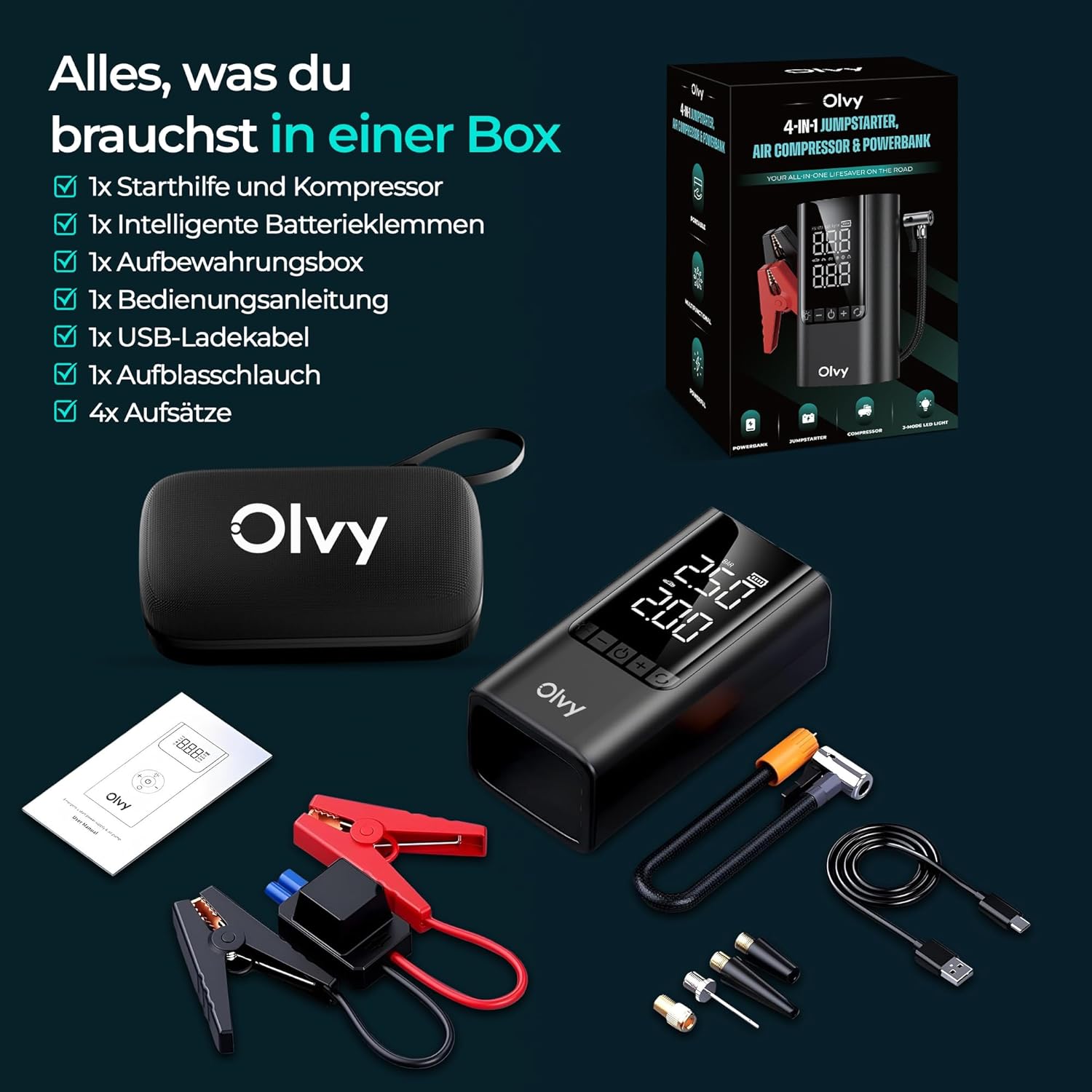 Thumbnail 6 de Olvy 4-in-1 Tragbarer Starthilfe-Booster mit Luftkompressor – 1500 A Spitzenleistung, 12000 mAh Powerbank