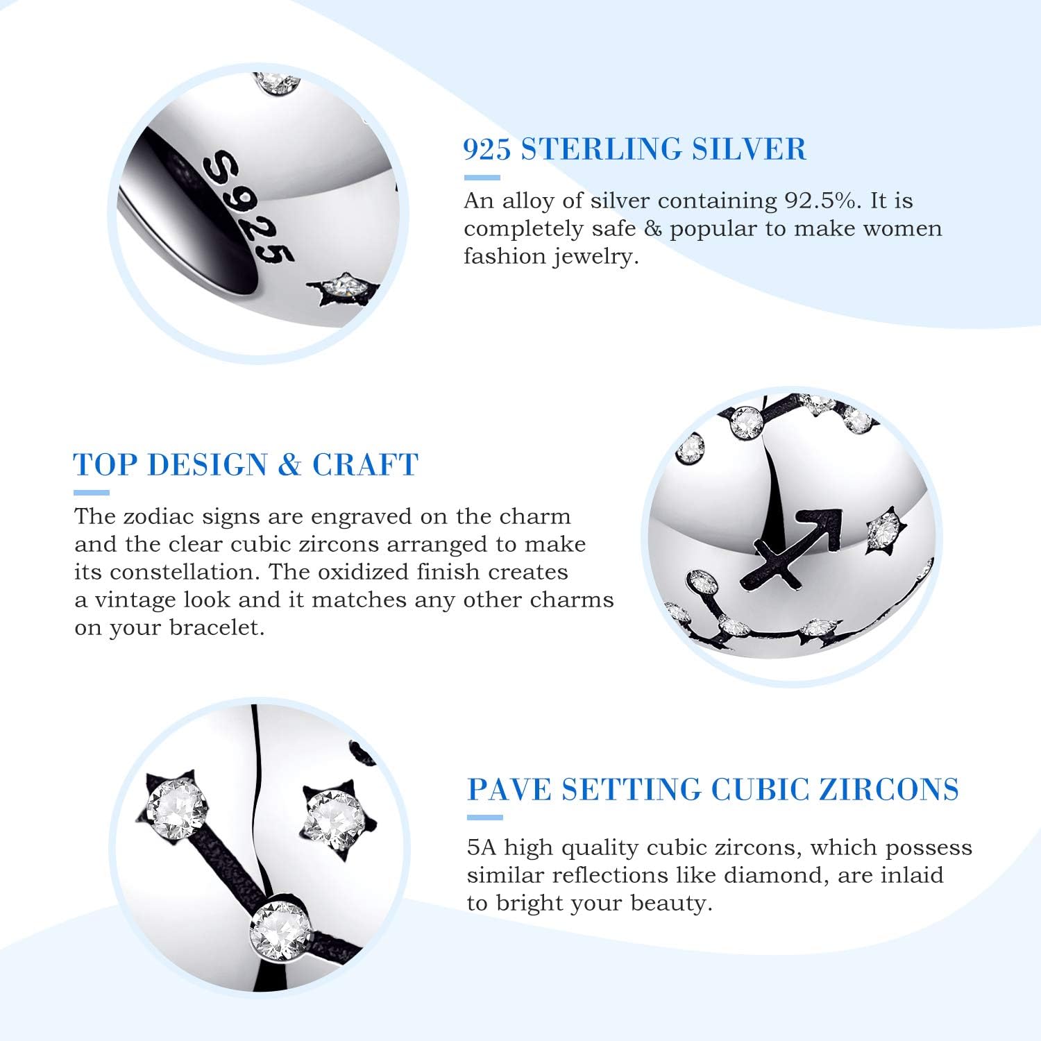 Thumbnail 3 de NINGAN Perline costellazioni in argento sterling 925 con zircone 5A – Idea regalo elegante