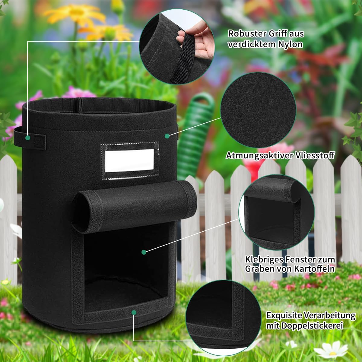 Detalle de Airminti Kartoffel Pflanzsack 50L im 3er Set – Premium Vliesstoff mit Erntefenster, Pflanzmatte & verstärkten Griffen