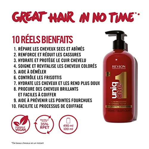 Detalle de Revlon Professional UniqOne 2en1 Shampooing et Après-shampooing Vegan 490 ml – Cheveux nourris et réparés