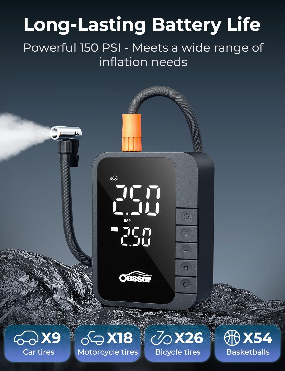 Thumbnail 4 de Oasser Car Tyre Inflator Wireless 6000mAh Mini Air Compressor – Compact, 150 PSI with LED Light