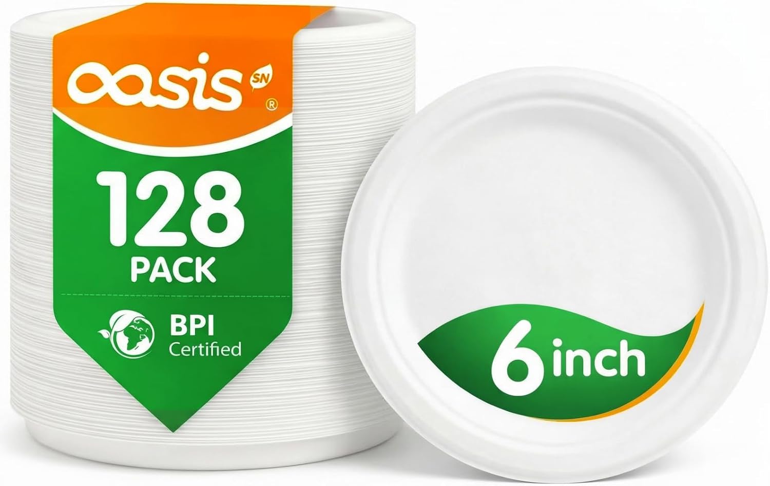 Detalle de OasisSN 6 Inch Paper Plates (128 Pack) — Compostable Sugarcane Bagasse Dessert Plates for Cakes, Snacks & Kids Meals