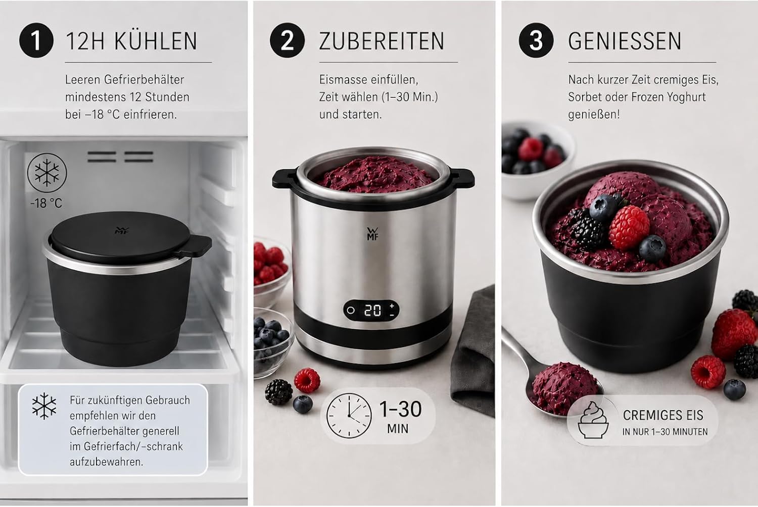 Detalle de WMF Küchenminis 3in1 Eismaschine für Frozen Joghurt, Sorbet und Eiscreme mit 300-ml-Gefrierbehälter