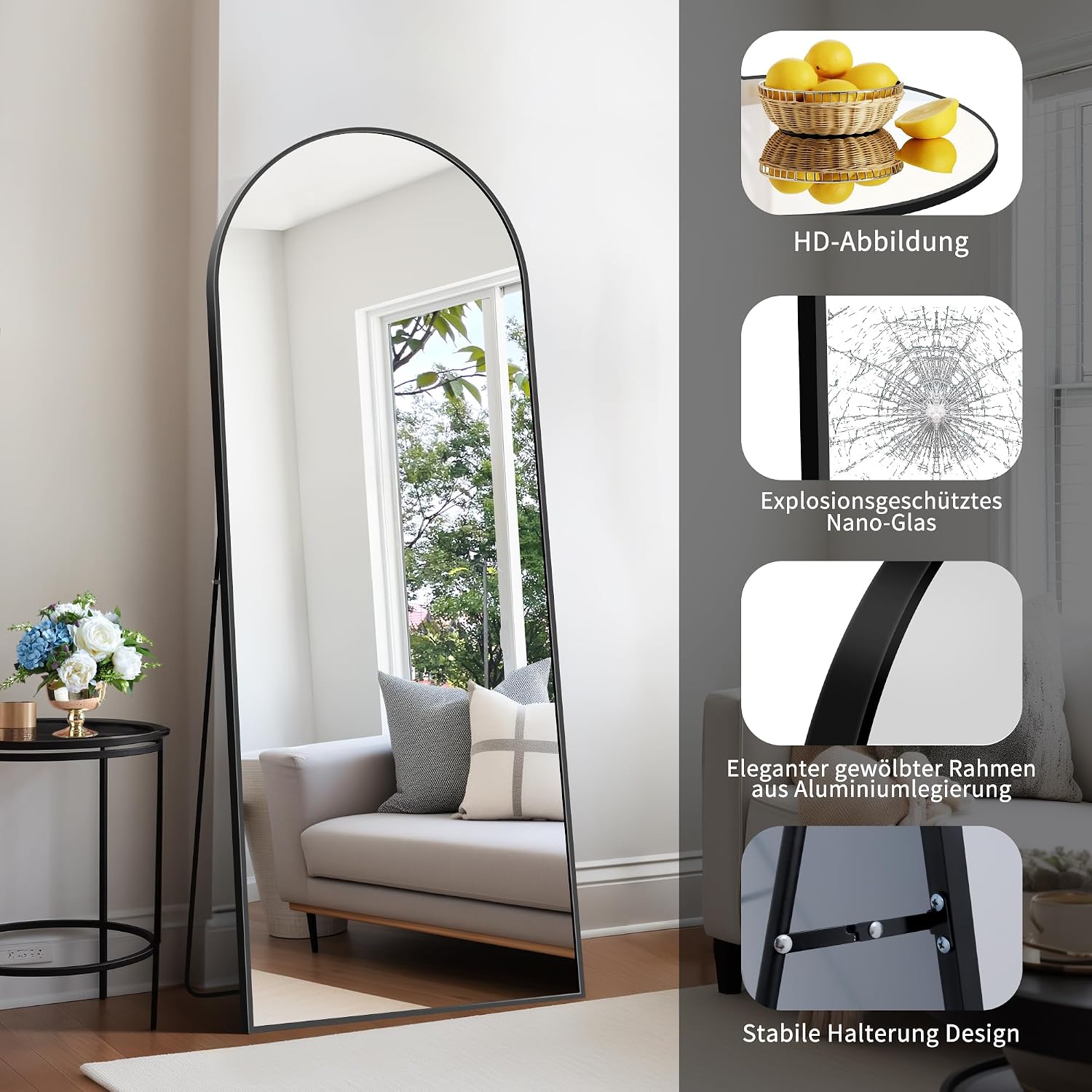 Detalle de KOCUUY Arched Full-Length Mirror, 64" x 21", Black Aluminium Frame