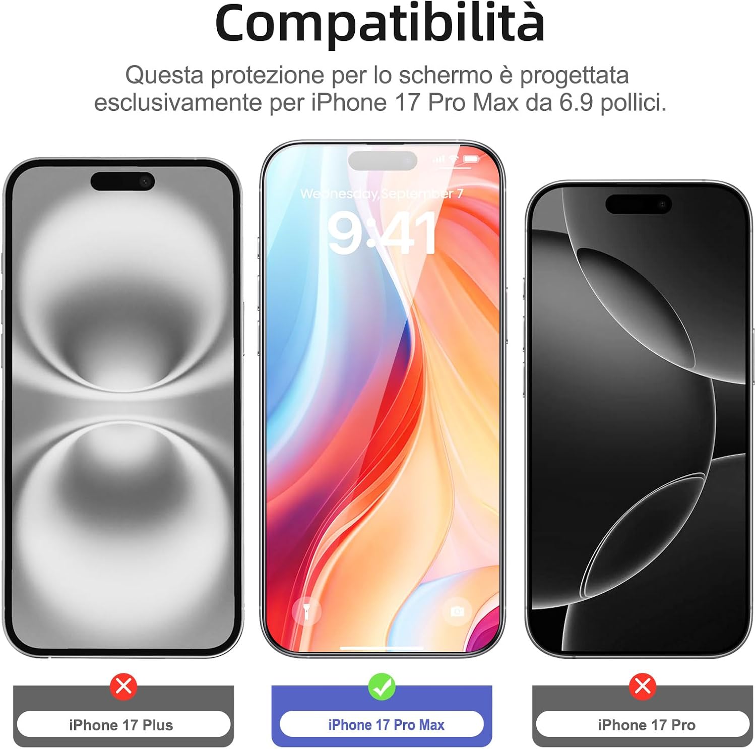 Detalle 2 de NEW’C 3 pezzi pellicola protettiva schermo intero per iPhone 17 Pro Max da 6,9”, vetro temperato 9H con applicazione automatica