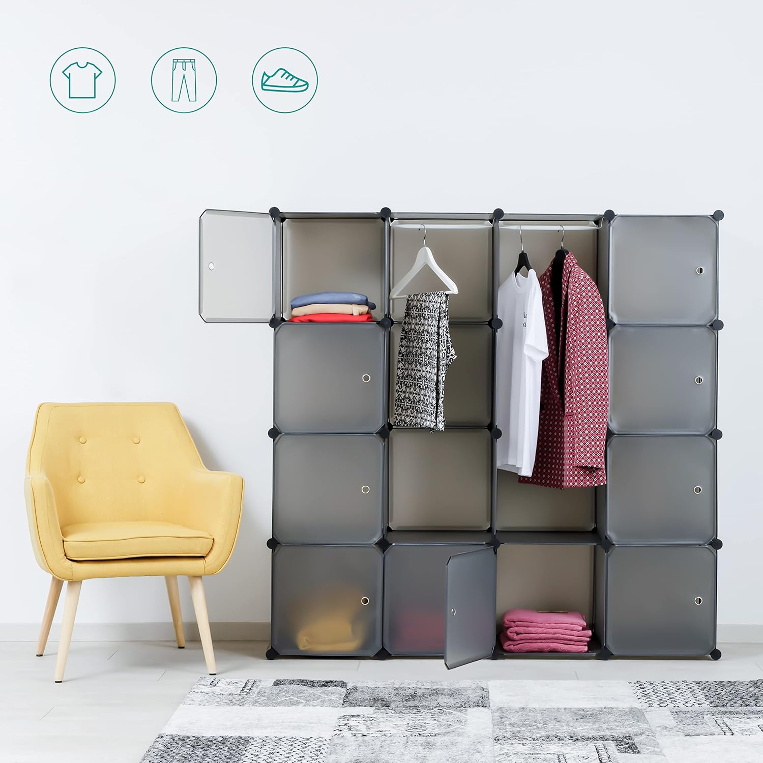 Detalle de Baroni Home Armadio componibile salva spazio, 16 scomparti in PP – grigio opaco 147x37x147 cm