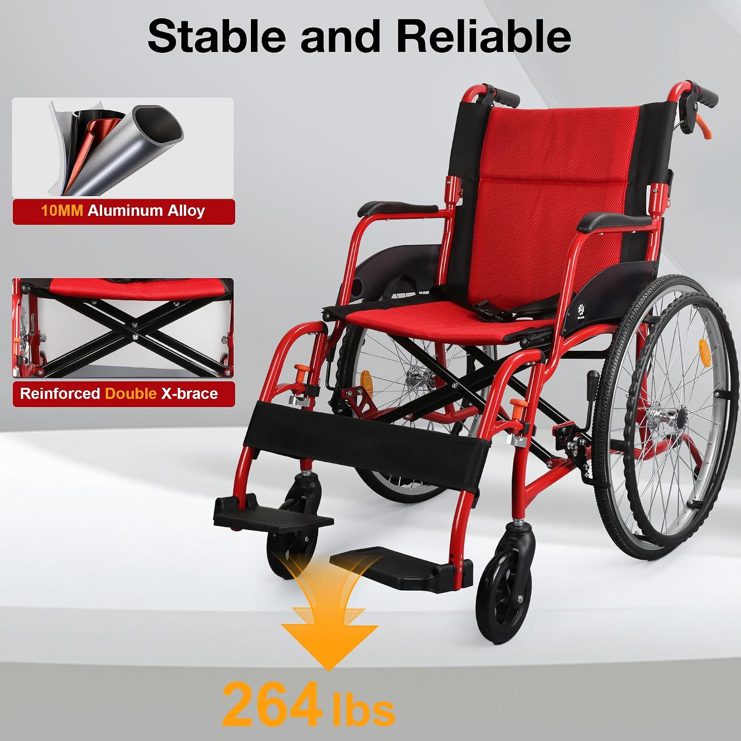 Detalle de WHLICKS A06 Lightweight Folding Wheelchair, 22-Inch Rear Wheels and Swing-Away Footrests