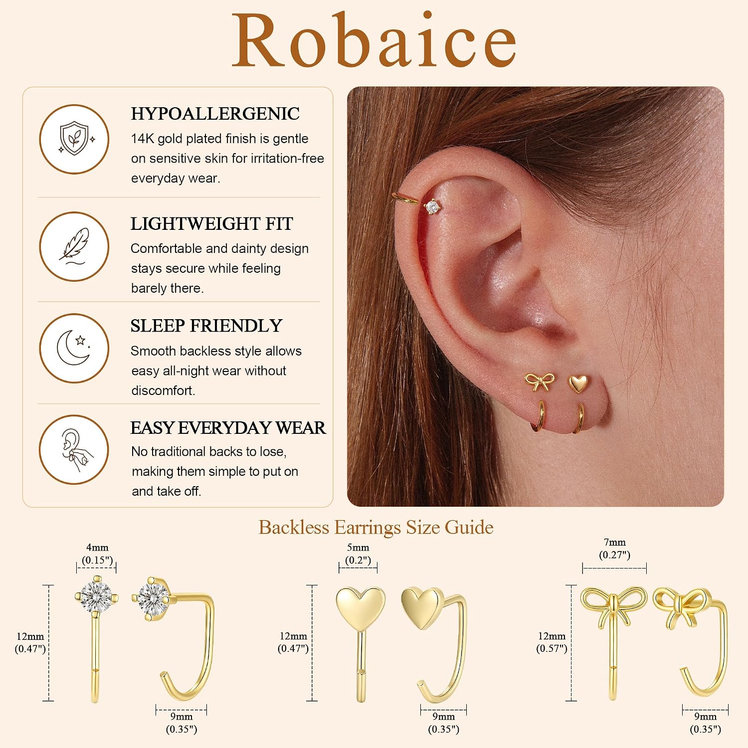 Detalle de Robaice Backless Hoop Earrings, 14K Gold Plated