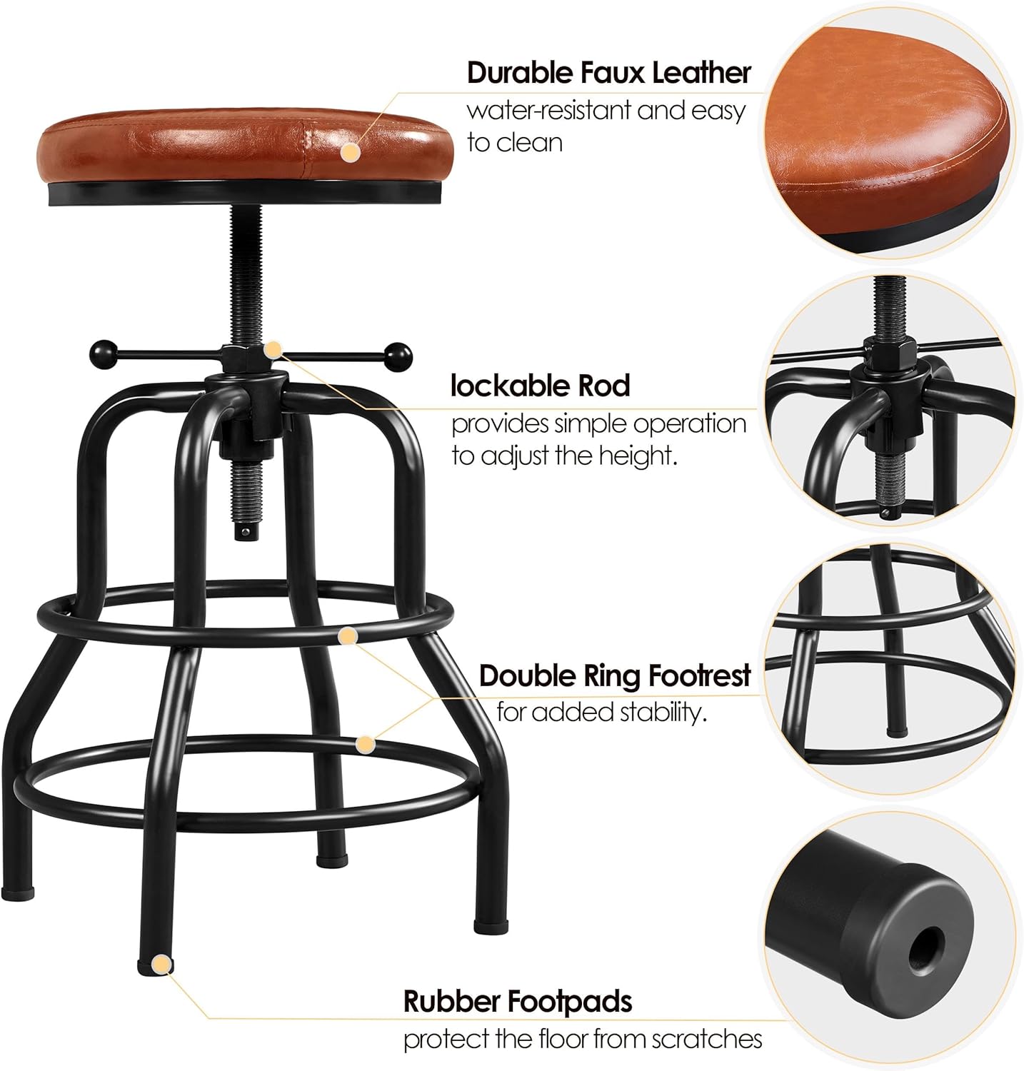 Detalle 2 de Yaheetech industrial height adjustable barstool with faux leather seat (54.5–71.5 cm)