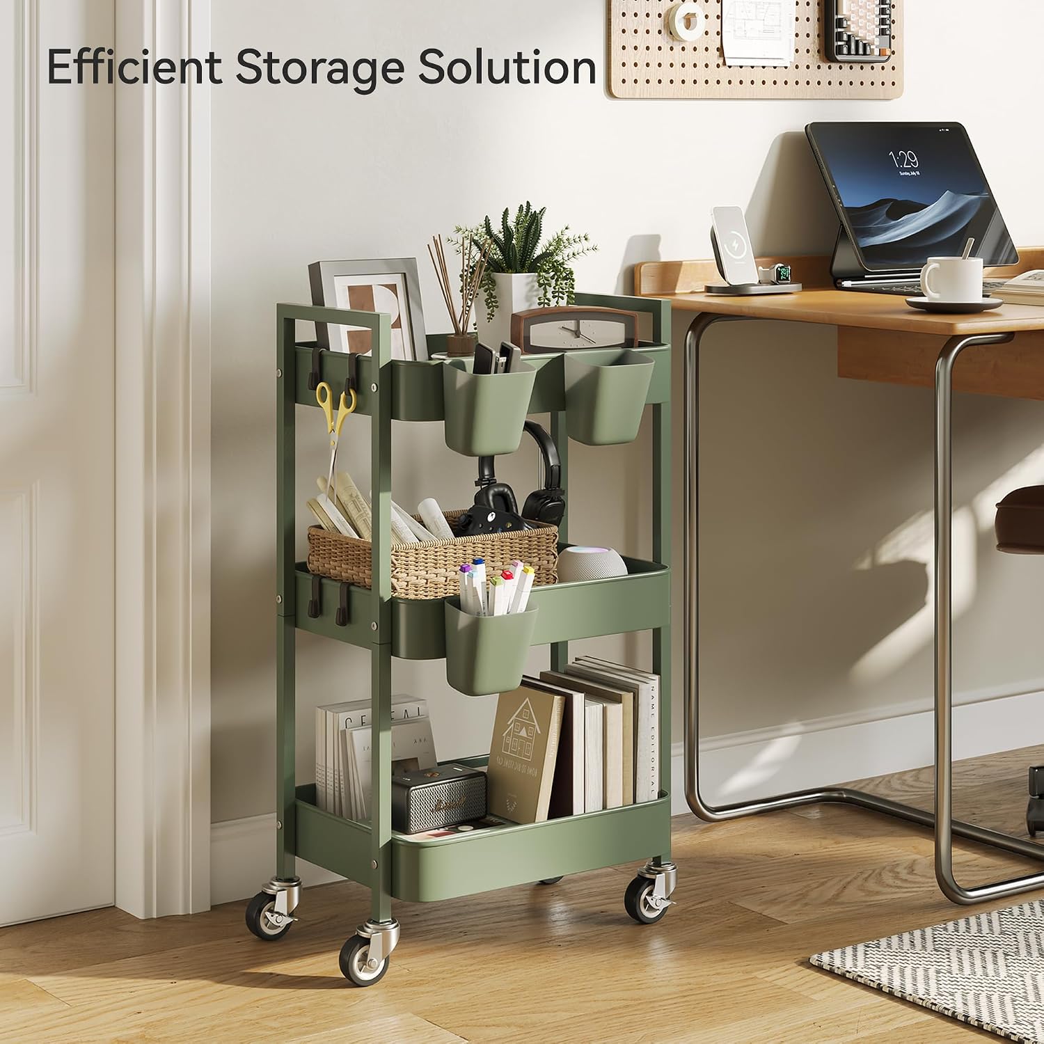 Detalle de Nunsino Rolling Cart 3-Tier Metal Utility Cart with Locking Wheels, Green