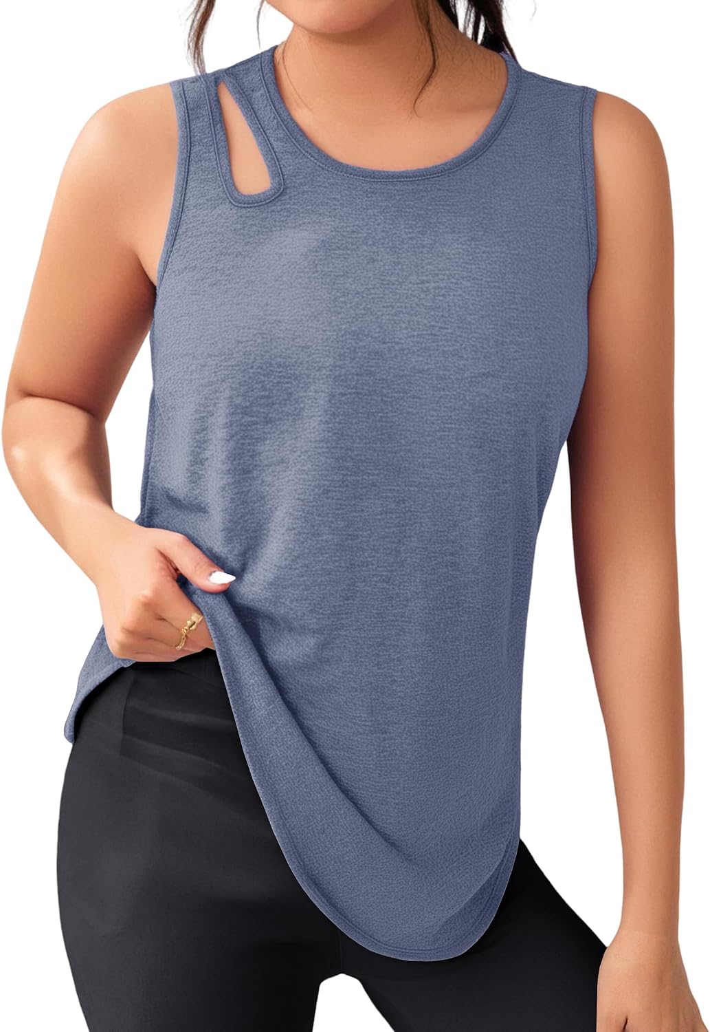 Detalle de Débardeur de sport femme Gyabnw col rond sans manches à découpes épaules (style croisé)