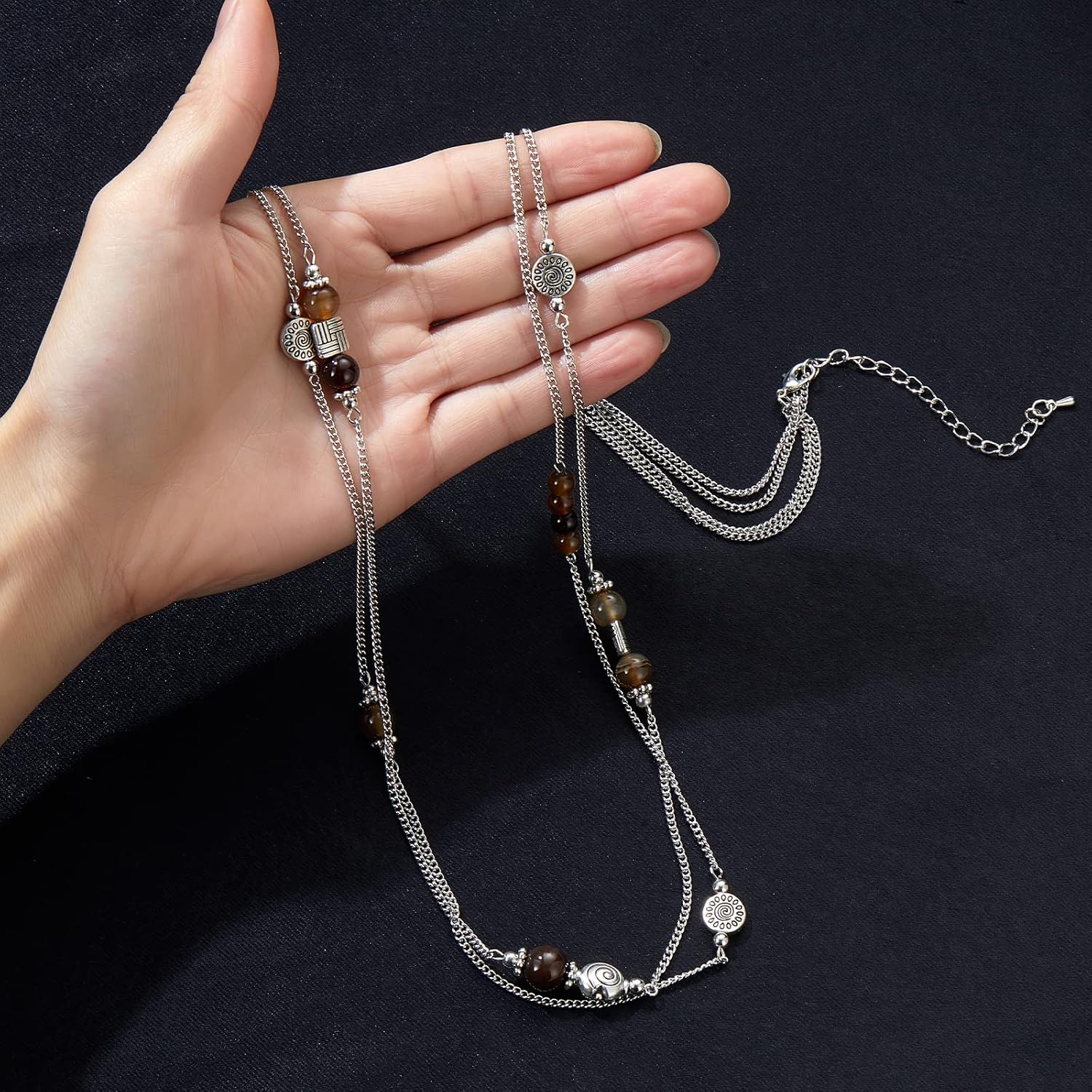 Thumbnail 6 de Bulinlin Damen lange Perlenkette mit Silber-Anhänger – Statement Halskette aus Modeschmuck
