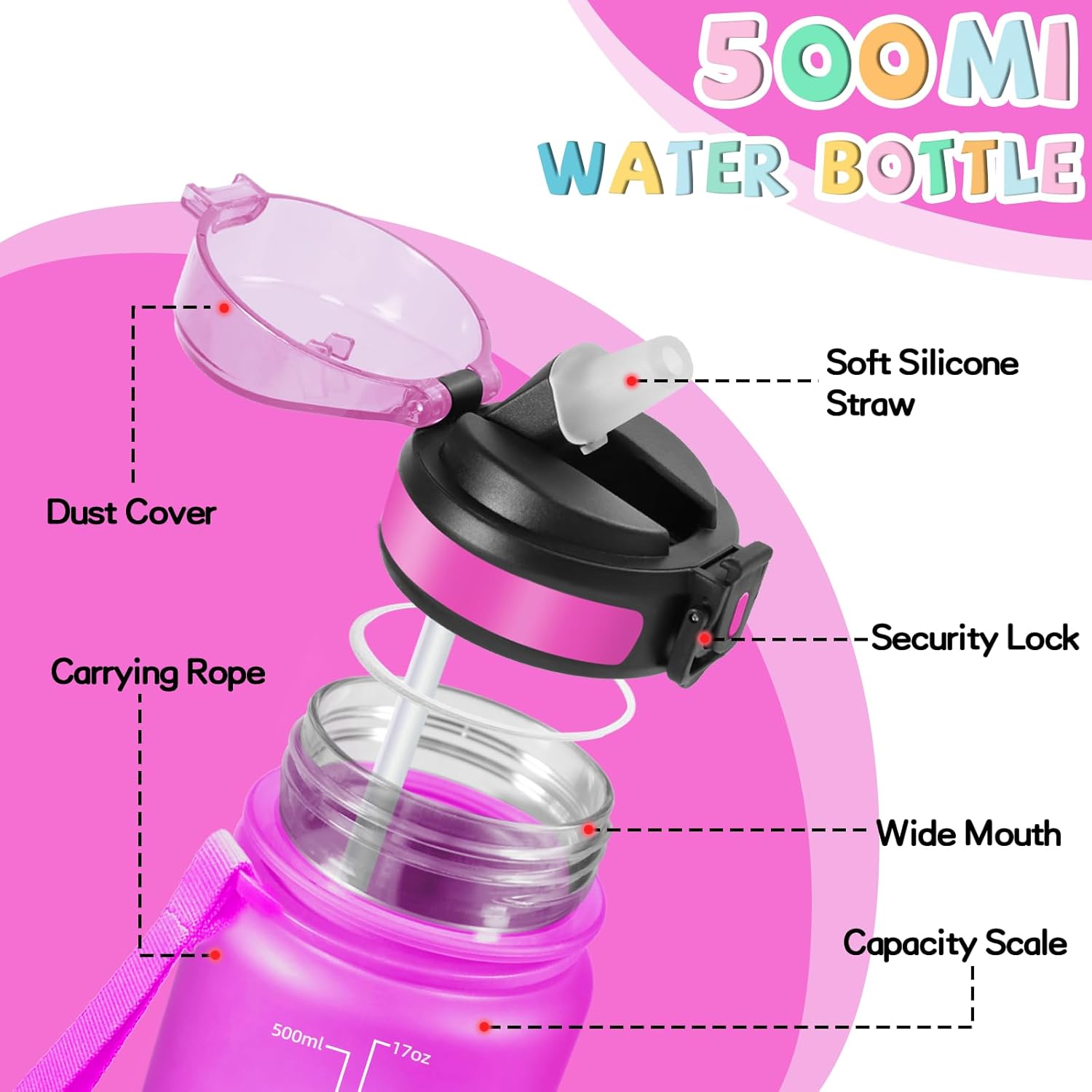 Detalle de Botella infantil 500ml, a prueba de fugas con pajita 🧃