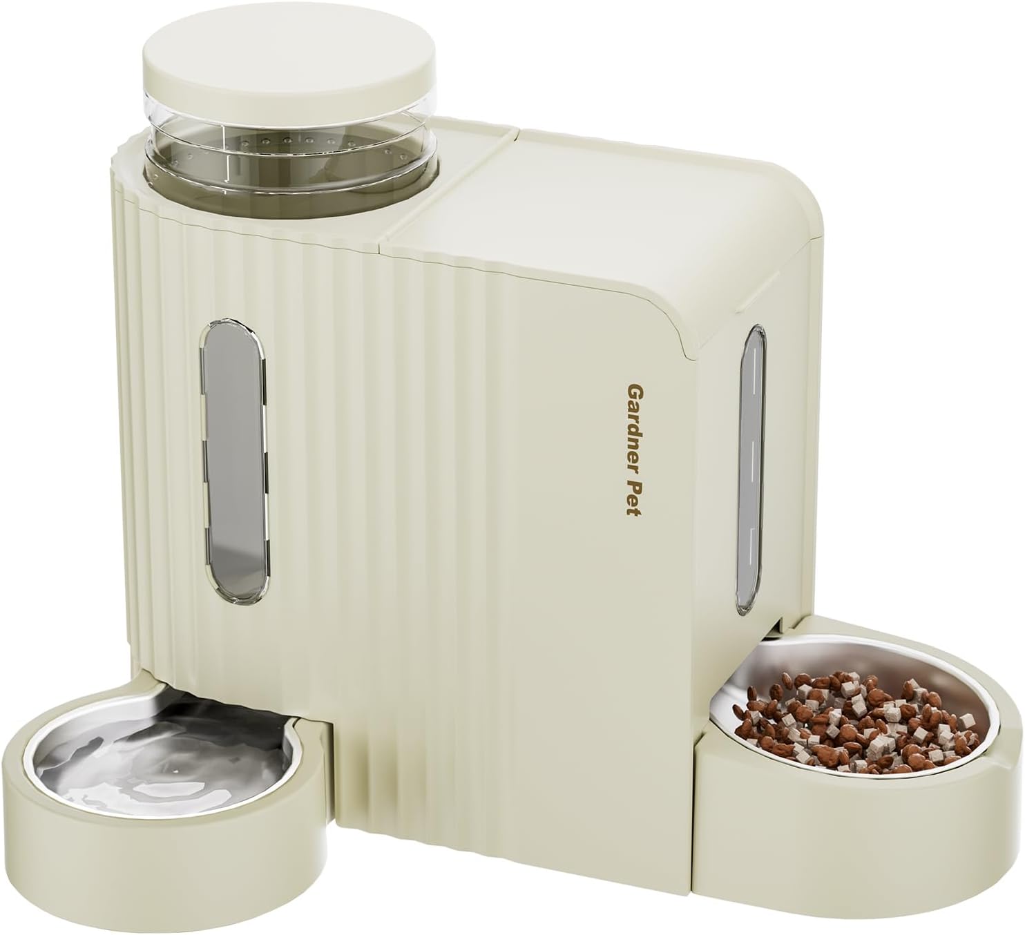 Gardner Pet automatischer Futter- und Wasserspender für Katzen/Hunde (2 Näpfe, 3 L + Edelstahl, ohne Strom) – Beige