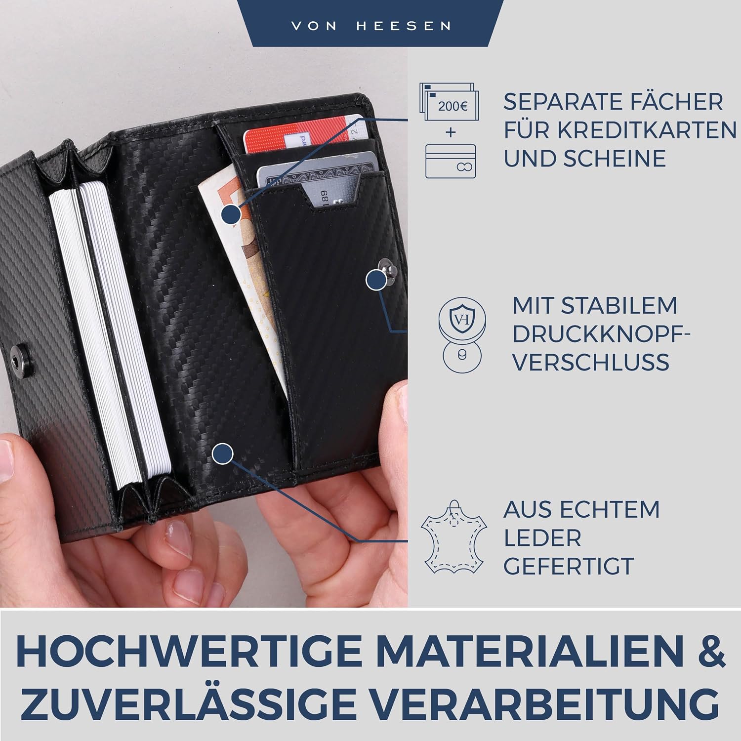 Detalle 2 de VON HEESEN Visitenkartenetui in Carbon-Optik mit RFID-Schutz – Platz für 50 Karten