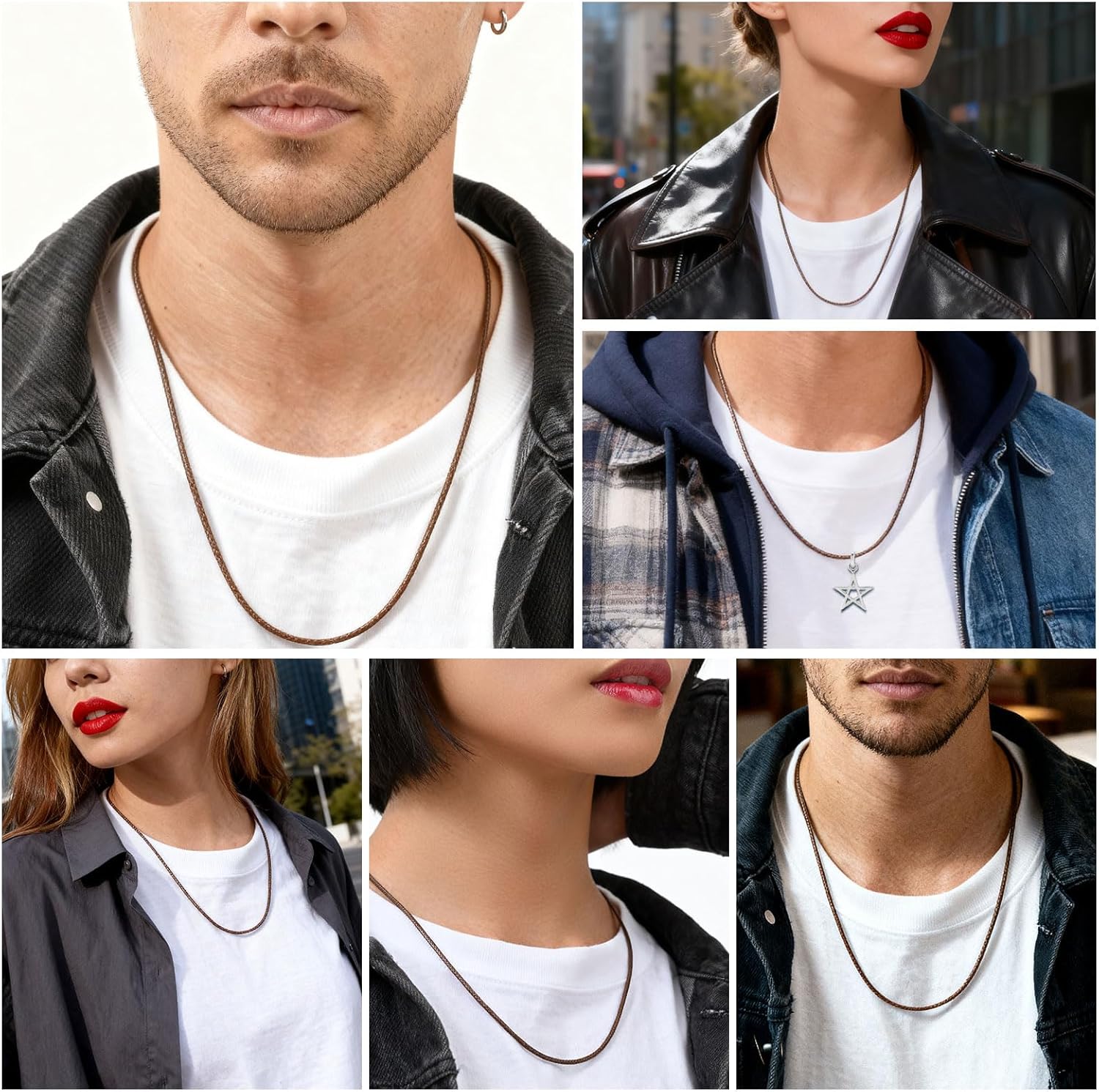 Thumbnail 2 de VNOX Leder-Halskette für Herren & Damen mit 316L-Edelstahlverschluss – 2/3 mm, Braun/Schwarz, 40–55 cm