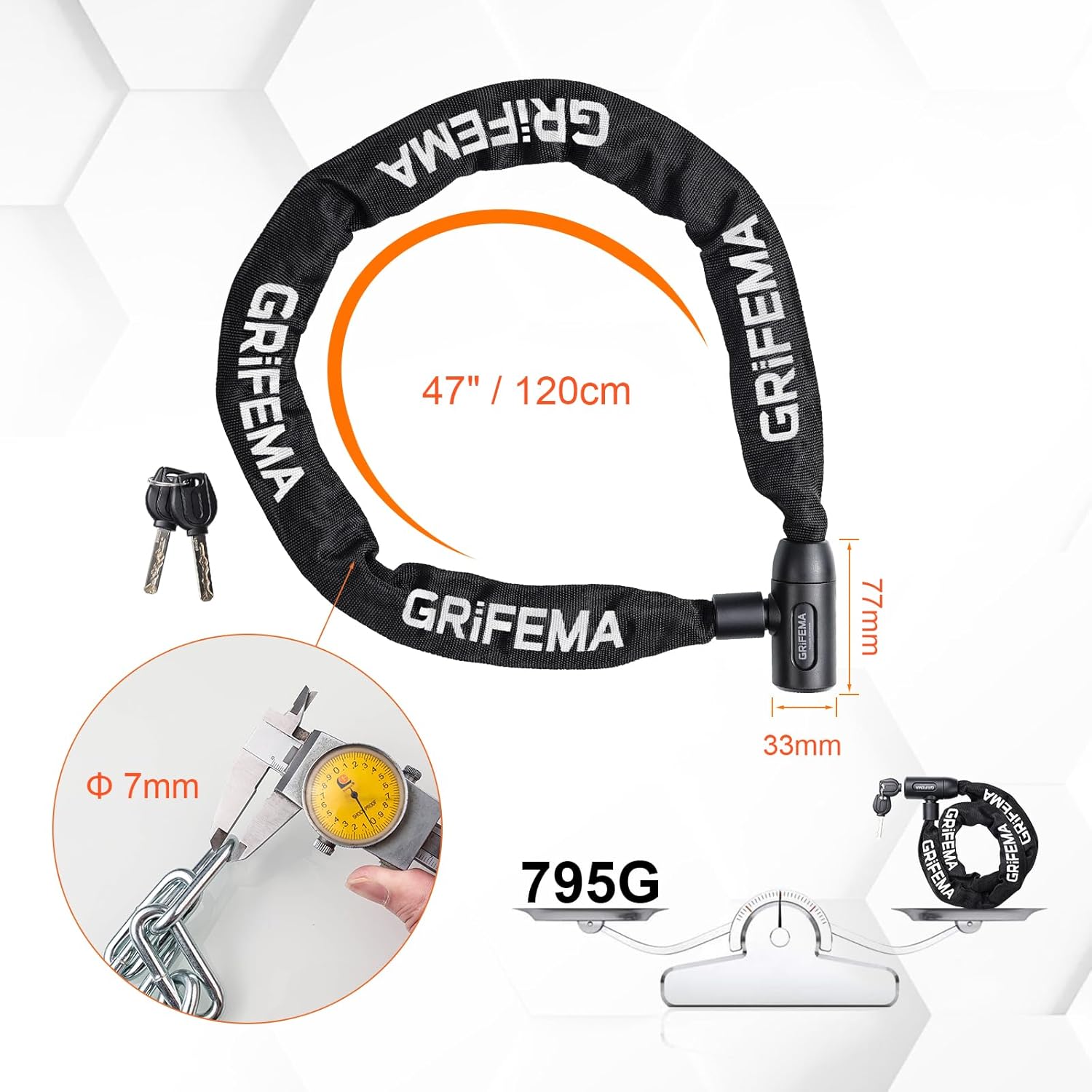 Detalle 2 de GRIFEMA GA1201-12 Bike Locks High Security with 2 Keys – 120cm Chain Lock
