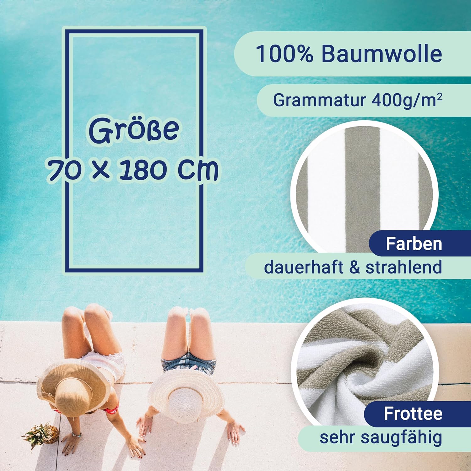 Detalle de ZOLLNER 2er Set Strandtücher – 70x180 cm, graues Streifenmuster, 100% Baumwolle, OEKO-TEX geprüft