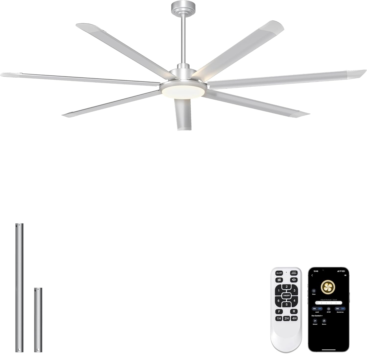 Detalle de Ohniyou GLX121 84-Inch Industrial Ceiling Fan with Light, 11,000 CFM, 3 CCT