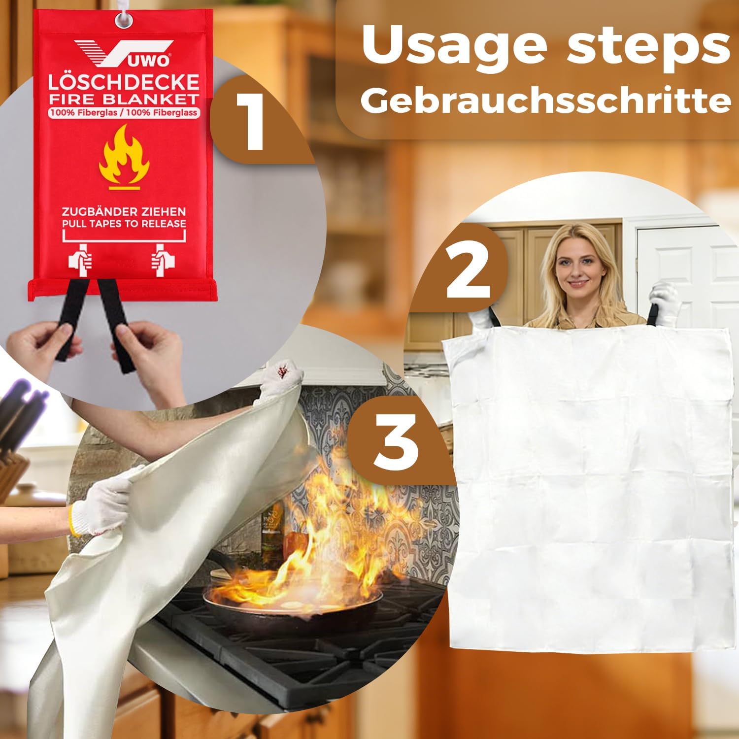 Thumbnail 3 de vuwo Löschdecke für Küche (Notfall-Feuerlöschdecke) nach EN 1869:2019 – Glasfaser, für Fettbrände