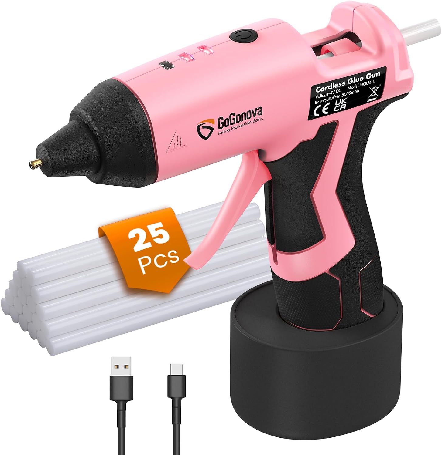 Detalle de GoGonova GT01002-L4-US-A43 Cordless Hot Glue Gun Kit, 5Ah, 25 Sticks